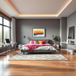 A cool and modern bedroom design featuring a minimalist aesthetic with a large, plush bed adorned with vibrant colored pillows