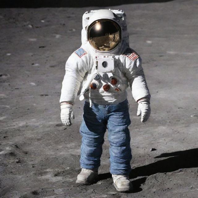 An individual on the moon wearing only a pair of jeans