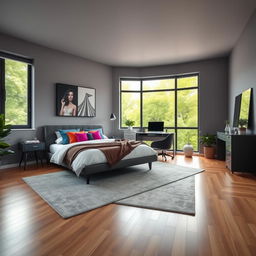 A cool and modern bedroom design featuring a minimalist aesthetic with a large, plush bed adorned with vibrant colored pillows