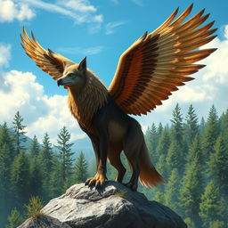 A mystical creature combining the features of a wolf and an eagle, showcasing the majestic wings of the eagle with detailed feather textures in rich, earthy tones, while retaining the powerful body of the wolf with a sleek fur coat