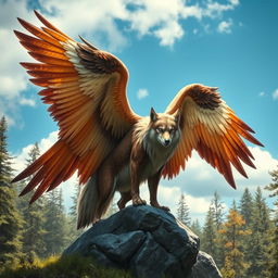 A mystical creature combining the features of a wolf and an eagle, showcasing the majestic wings of the eagle with detailed feather textures in rich, earthy tones, while retaining the powerful body of the wolf with a sleek fur coat