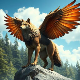 A mystical creature combining the features of a wolf and an eagle, showcasing the majestic wings of the eagle with detailed feather textures in rich, earthy tones, while retaining the powerful body of the wolf with a sleek fur coat