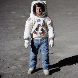 An individual on the moon wearing only a pair of jeans