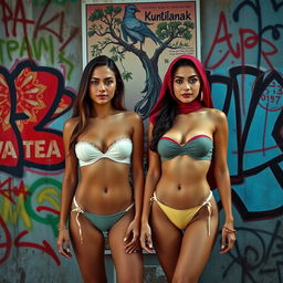 Two young women, one European and one Arab, wearing skimpy two-piece bandeau swimsuits and high-neck bikinis, standing confidently in front of a vibrant, graffiti-covered wall