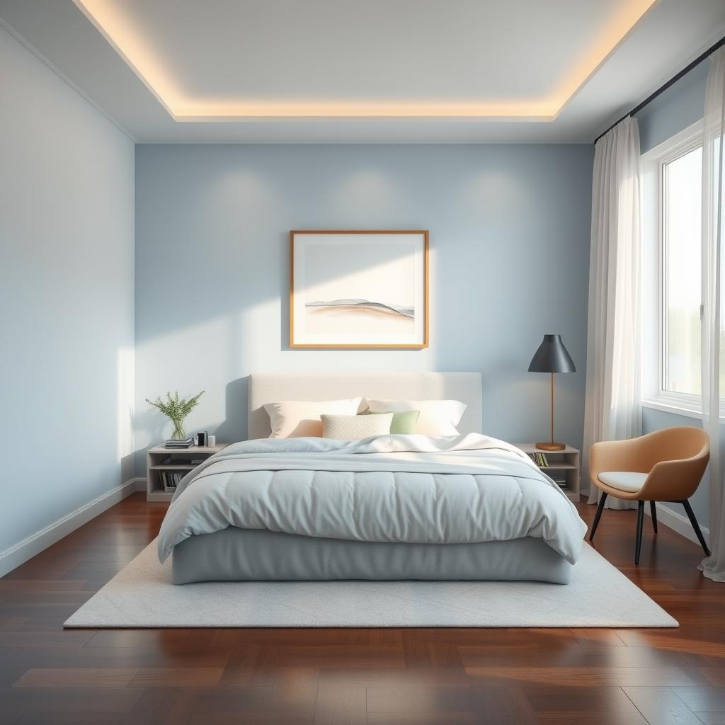 A cool and tranquil bedroom design featuring a minimalist aesthetic with a large, plush bed adorned with soft, pastel-colored pillows