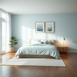 A cool and tranquil bedroom design featuring a minimalist aesthetic with a large, plush bed adorned with soft, pastel-colored pillows