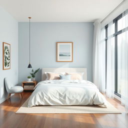 A cool and tranquil bedroom design featuring a minimalist aesthetic with a large, plush bed adorned with soft, pastel-colored pillows