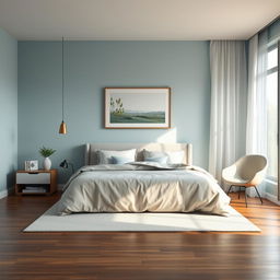 A cool and tranquil bedroom design featuring a minimalist aesthetic with a large, plush bed adorned with soft, pastel-colored pillows