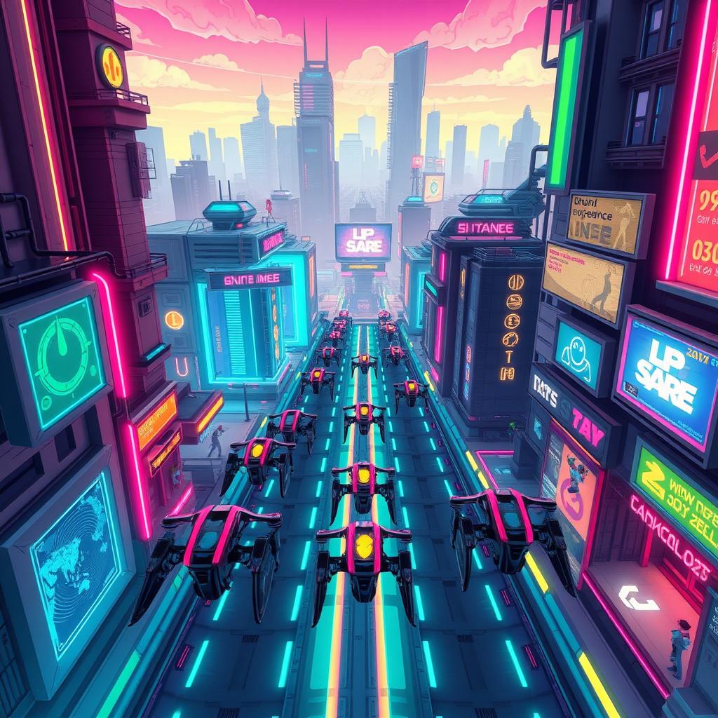 A cyberpunk-themed tower defense game scene viewed from a top-down perspective, featuring futuristic neon buildings and high-tech towers strategically placed along a pathway