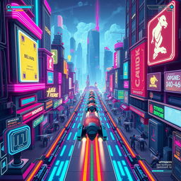 A cyberpunk-themed tower defense game scene viewed from a top-down perspective, featuring futuristic neon buildings and high-tech towers strategically placed along a pathway