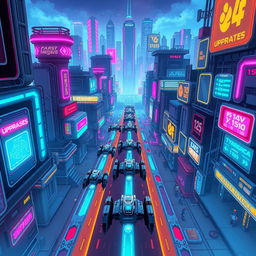 A cyberpunk-themed tower defense game scene viewed from a top-down perspective, featuring futuristic neon buildings and high-tech towers strategically placed along a pathway