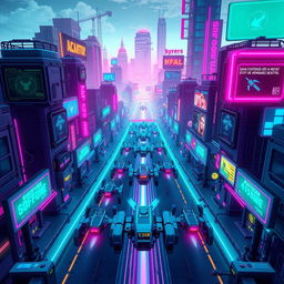 A cyberpunk-themed tower defense game scene viewed from a top-down perspective, featuring futuristic neon buildings and high-tech towers strategically placed along a pathway