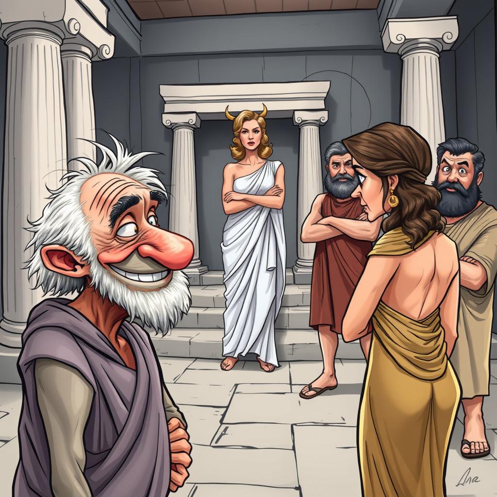 A comical scene set in ancient Greece, showcasing a satirical caricature style