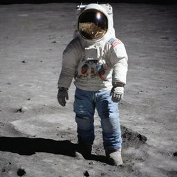 An individual on the moon wearing only a pair of jeans