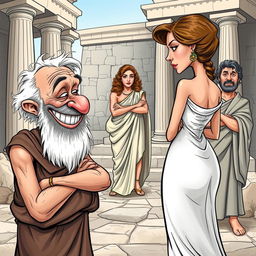 A comical scene set in ancient Greece, showcasing a satirical caricature style