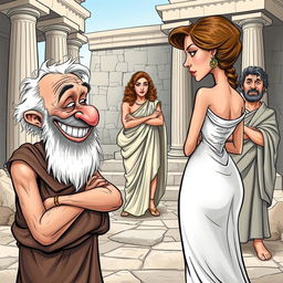 A comical scene set in ancient Greece, showcasing a satirical caricature style