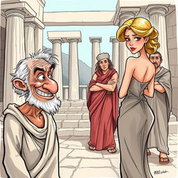 A comical scene set in ancient Greece, showcasing a satirical caricature style