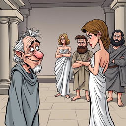 A comical scene set in ancient Greece, showcasing a satirical caricature style