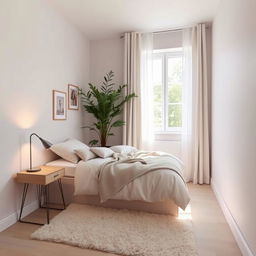 A cool and tranquil small bedroom featuring a minimalist design, with soft pastel colors on the walls, a comfortable single bed with a cozy blanket, a stylish nightstand with a modern lamp, and a plant in the corner