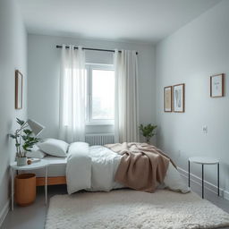 A cool and tranquil small bedroom featuring a minimalist design, with soft pastel colors on the walls, a comfortable single bed with a cozy blanket, a stylish nightstand with a modern lamp, and a plant in the corner