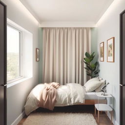 A cool and tranquil small bedroom featuring a minimalist design, with soft pastel colors on the walls, a comfortable single bed with a cozy blanket, a stylish nightstand with a modern lamp, and a plant in the corner