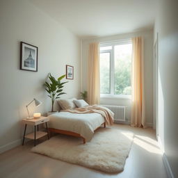 A cool and tranquil small bedroom featuring a minimalist design, with soft pastel colors on the walls, a comfortable single bed with a cozy blanket, a stylish nightstand with a modern lamp, and a plant in the corner