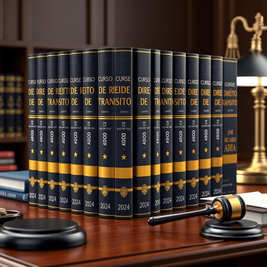 A stunning 3D representation of a collection of 12 book covers for a Traffic Law series, displayed elegantly on a lawyer's office desk