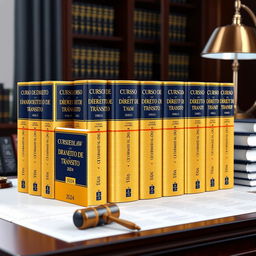 A stunning 3D representation of a collection of 12 book covers for a Traffic Law series, displayed elegantly on a lawyer's office desk