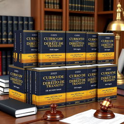 A stunning 3D representation of a collection of 12 book covers for a Traffic Law series, displayed elegantly on a lawyer's office desk