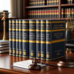 A stunning 3D representation of a collection of 12 book covers for a Traffic Law series, displayed elegantly on a lawyer's office desk