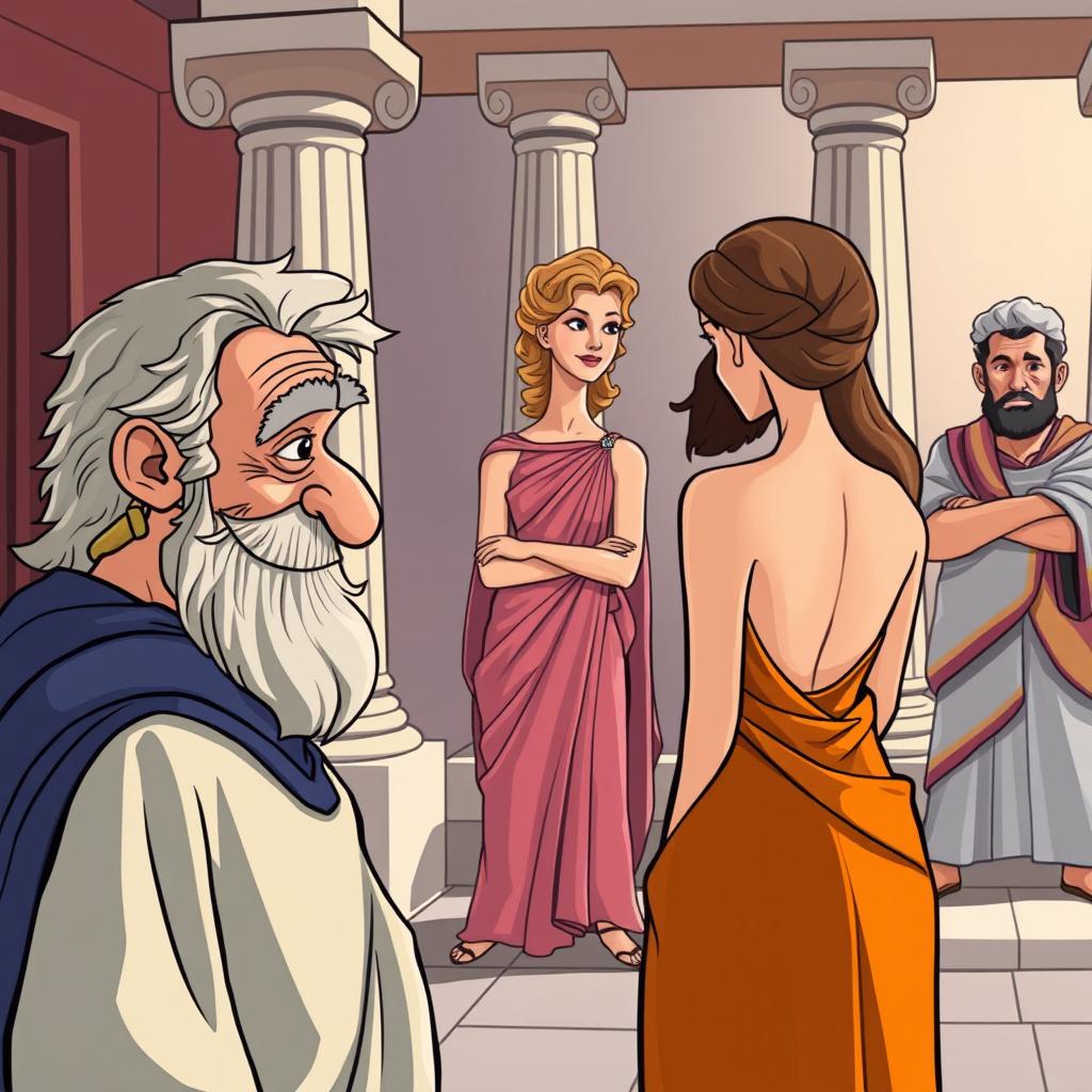 A cartoon-style poster depicting a scene from Greek-Latin theatre comedy set in ancient Greece