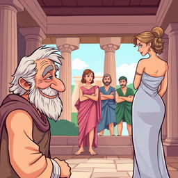 A cartoon-style poster depicting a scene from Greek-Latin theatre comedy set in ancient Greece