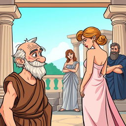 A cartoon-style poster depicting a scene from Greek-Latin theatre comedy set in ancient Greece