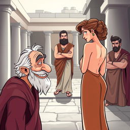 A cartoon-style poster depicting a scene from Greek-Latin theatre comedy set in ancient Greece