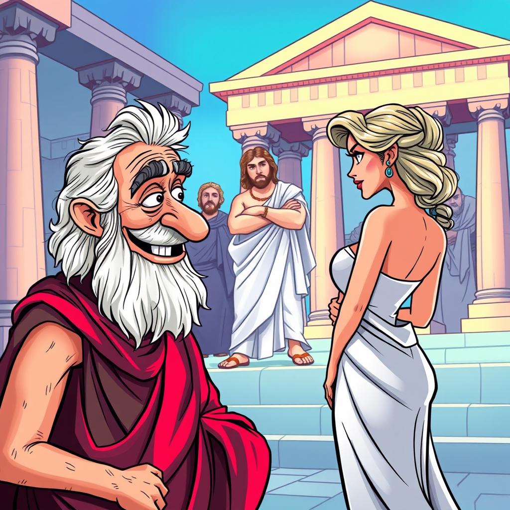 A vibrant and humorous cartoon-style poster inspired by Greco-Roman theater, featuring an old, decrepit Greek man with a mischievous smile looking at a young, beautiful, and slender Greek woman who is facing away