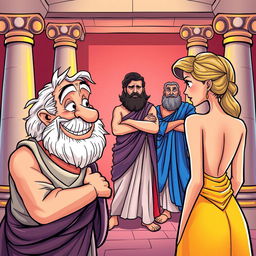 A vibrant and humorous cartoon-style poster inspired by Greco-Roman theater, featuring an old, decrepit Greek man with a mischievous smile looking at a young, beautiful, and slender Greek woman who is facing away