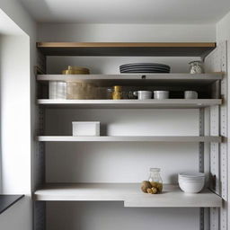 A small, yet spacious, double shelving system that doesn't reach the ceiling, designed ideally for an L-shaped kitchen