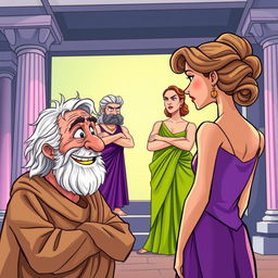 A vibrant and humorous cartoon-style poster inspired by Greco-Roman theater, featuring an old, decrepit Greek man with a mischievous smile looking at a young, beautiful, and slender Greek woman who is facing away