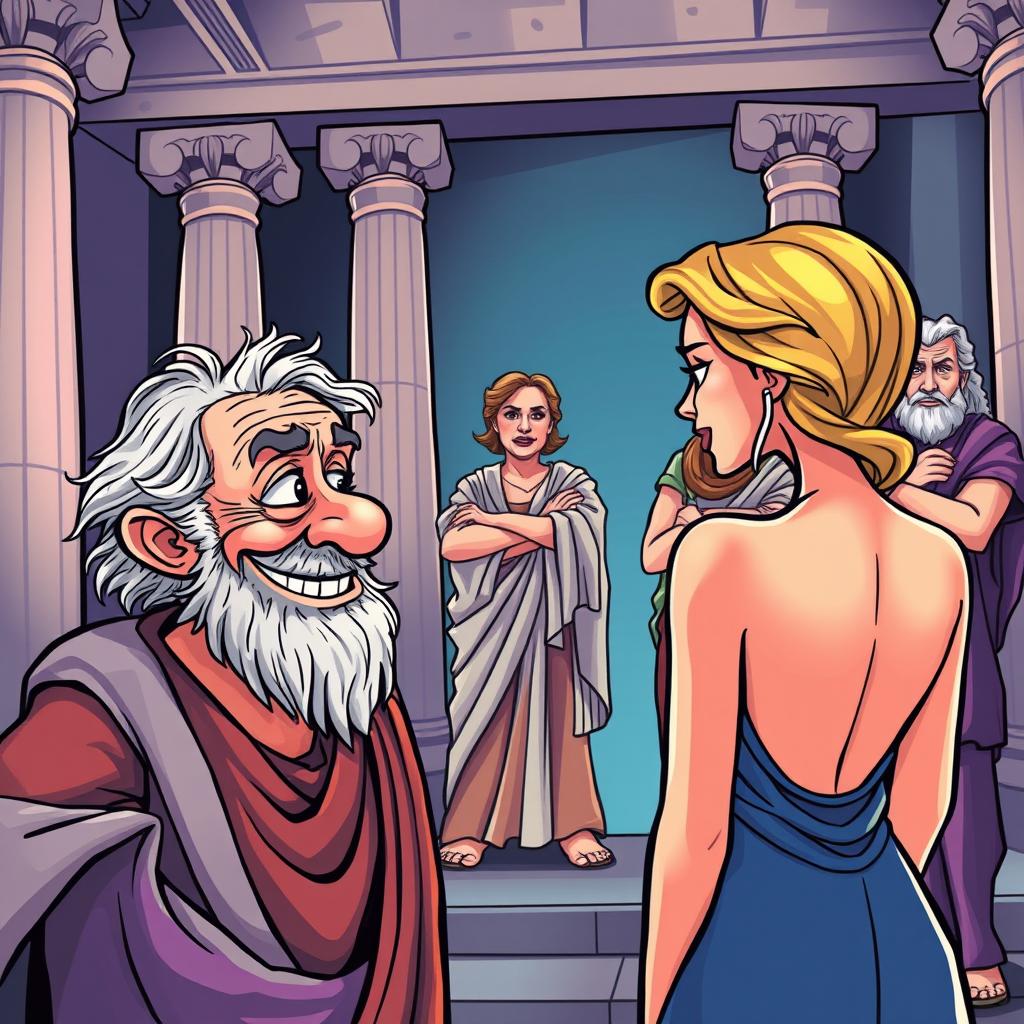 A vibrant and humorous cartoon-style poster inspired by Greco-Roman theater, featuring an old, decrepit Greek man with a mischievous smile looking at a young, beautiful, and slender Greek woman who is facing away