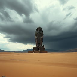 A desolate landscape featuring a vast desert under an open dark cloud sky