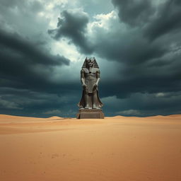 A desolate landscape featuring a vast desert under an open dark cloud sky