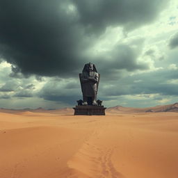 A desolate landscape featuring a vast desert under an open dark cloud sky