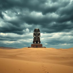 A desolate landscape featuring a vast desert under an open dark cloud sky