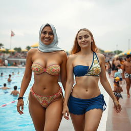 Two white-skinned girls, a chesty 35-year-old Arab Muslim woman with Islamic vibes and an hourglass European body type, both wearing stylish bikini swimsuits including a bandeau style and a one-shoulder high-neck bikini