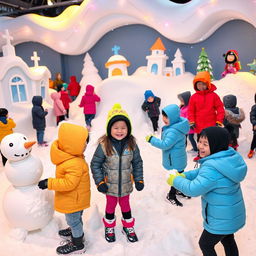 A vibrant and engaging scene depicting a group of students on a field trip in a snowy environment at Trans Studio Makassar