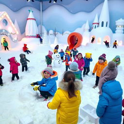 A vibrant and engaging scene depicting a group of students on a field trip in a snowy environment at Trans Studio Makassar