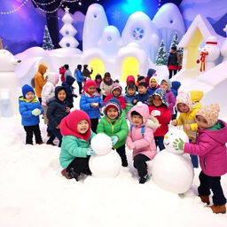 A vibrant and engaging scene depicting a group of students on a field trip in a snowy environment at Trans Studio Makassar