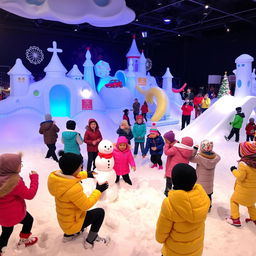 A vibrant and engaging scene depicting a group of students on a field trip in a snowy environment at Trans Studio Makassar