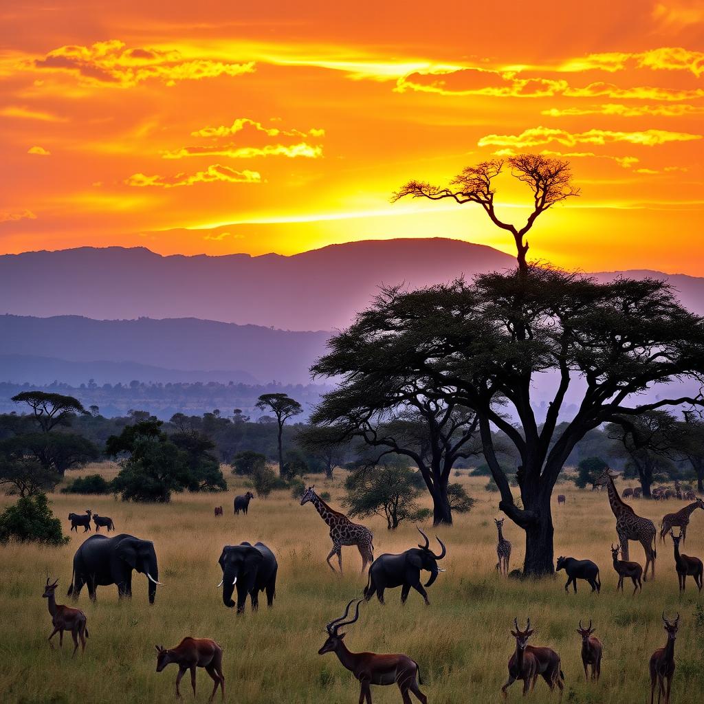 A serene savanna landscape during golden hour, featuring a diverse range of wildlife including elephants, giraffes, and antelopes grazing peacefully