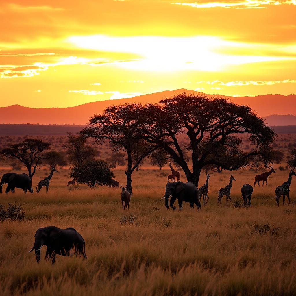 A serene savanna landscape during golden hour, featuring a diverse range of wildlife including elephants, giraffes, and antelopes grazing peacefully